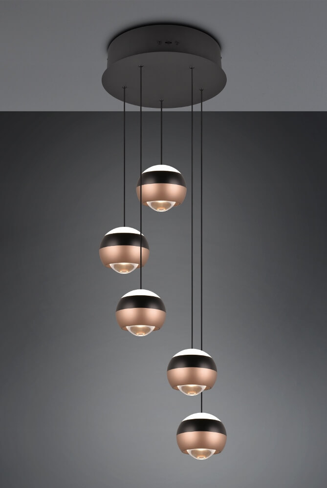Elegante ronde 5-lichts hanglamp ORBIT zwart / coffee | 3-standen dimbaar
