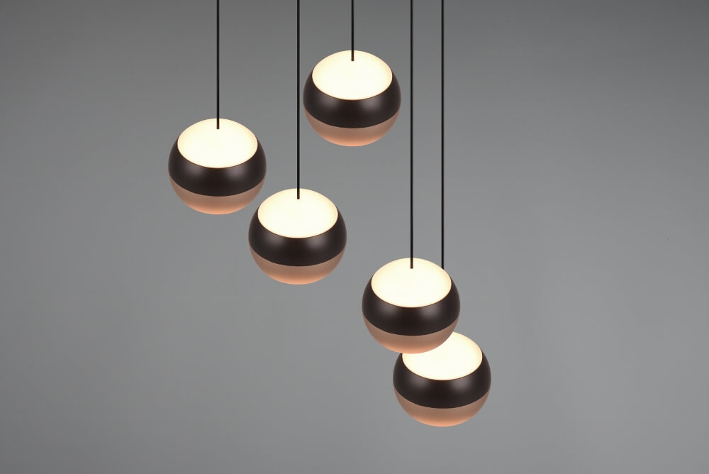 Elegante ronde 5-lichts hanglamp ORBIT zwart / coffee | 3-standen dimbaar