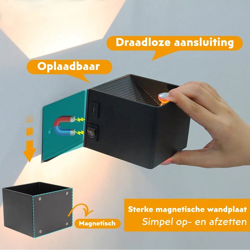 Oplaadbare wandlamp QUBE extra warm wit | Zwart