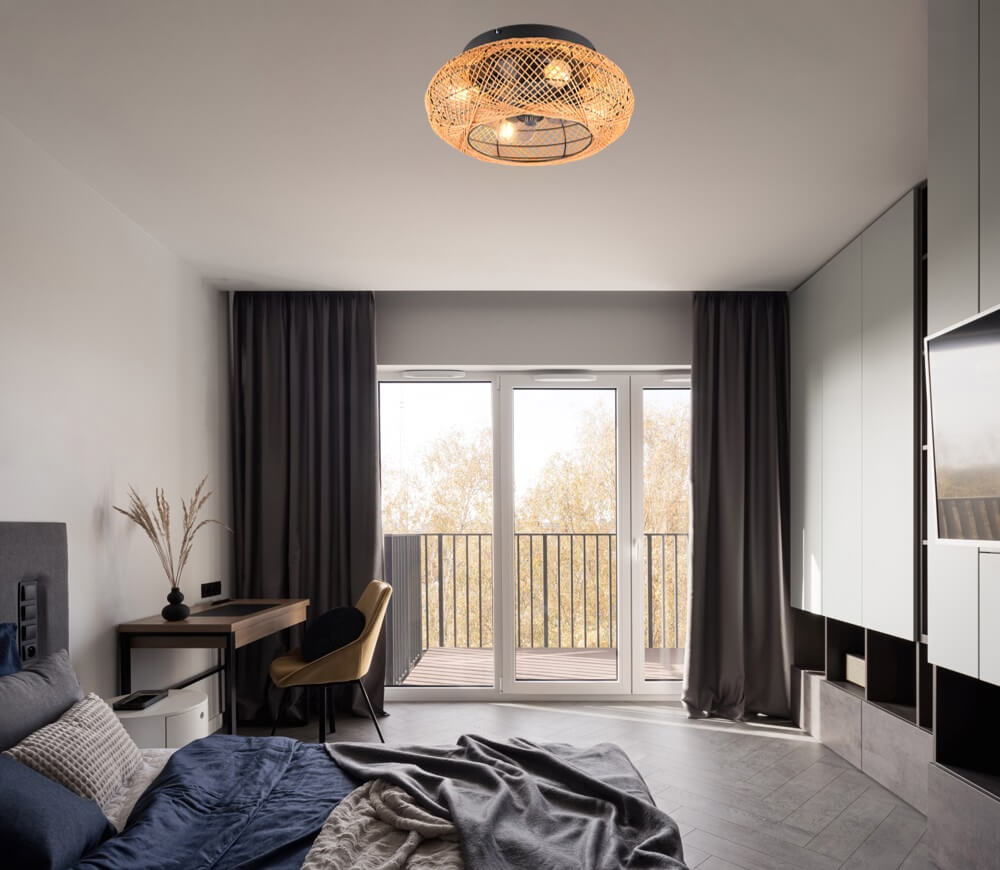 Plafondventilator DROLSUM Ø 50 cm Zwart / Rotan met lamp | 3 snelheden