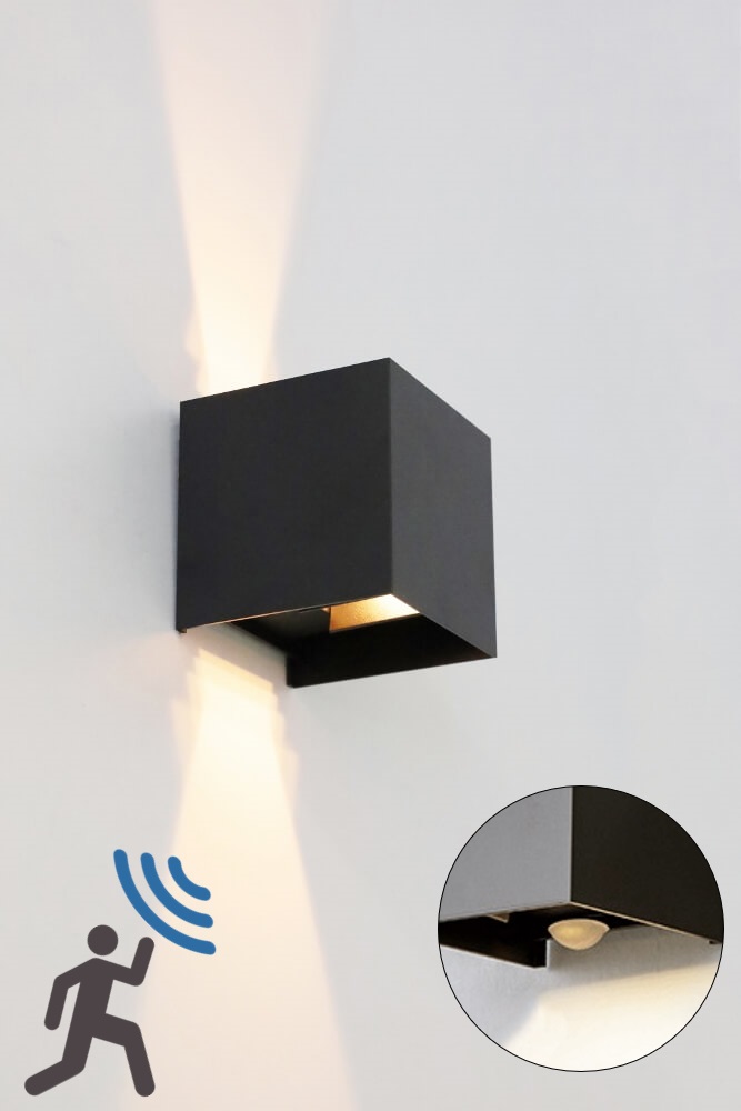 Vierkante LED buitenlamp ARRIGO met bewegingssensor | Zwart