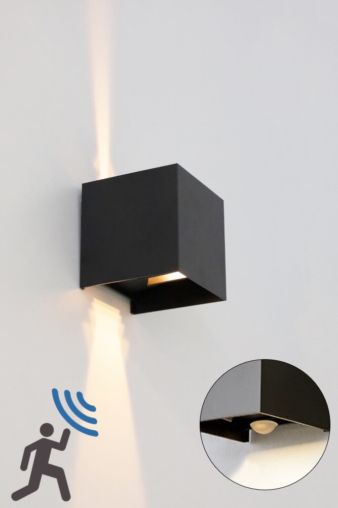 Vierkante LED buitenlamp ARRIGO met bewegingssensor | Zwart