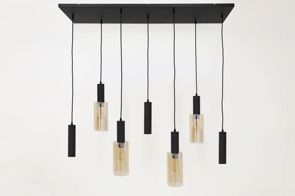 Sfeervolle hanglamp FABRIANO zwart / amber | 7-lichts balk