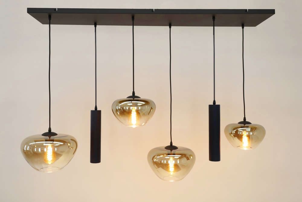 Hanglamp 6-lichts GENUA 130 x 25 cm | Zwart / amber