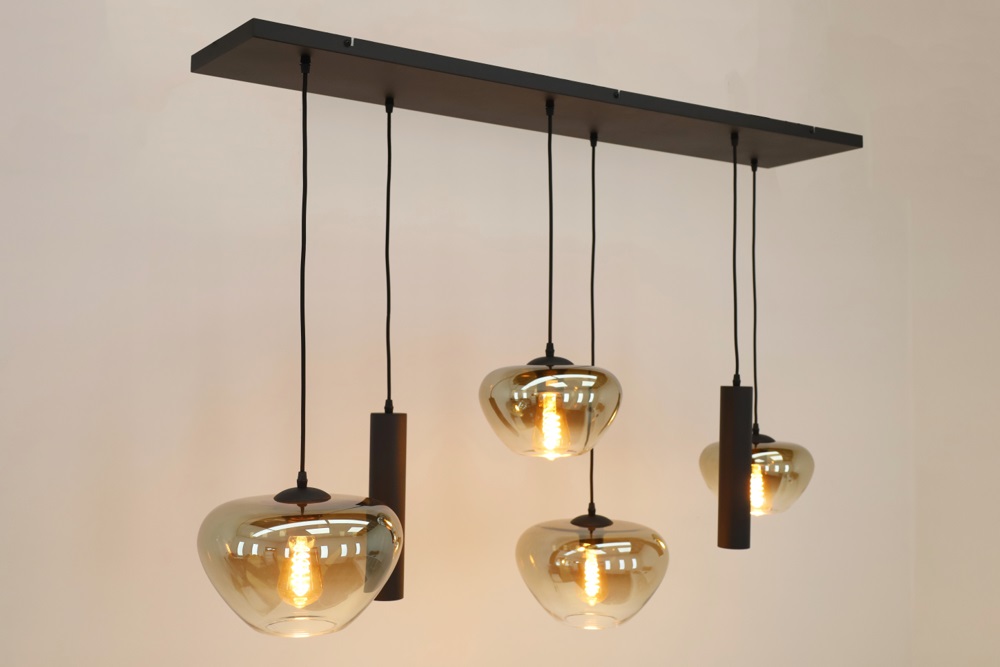 Hanglamp 6-lichts GENUA 130 x 25 cm | Zwart / amber