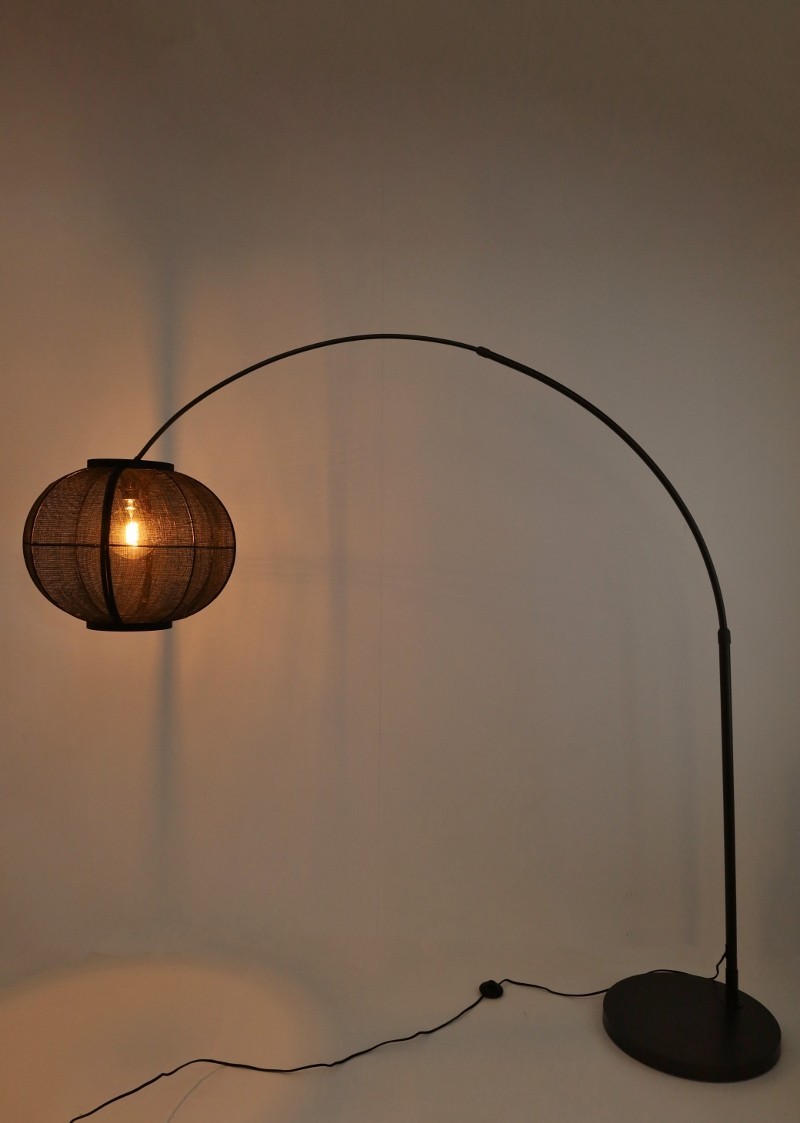 Stijlvolle booglamp MEANDER inclusief kap FABRIC | Anodic brown / Zwart