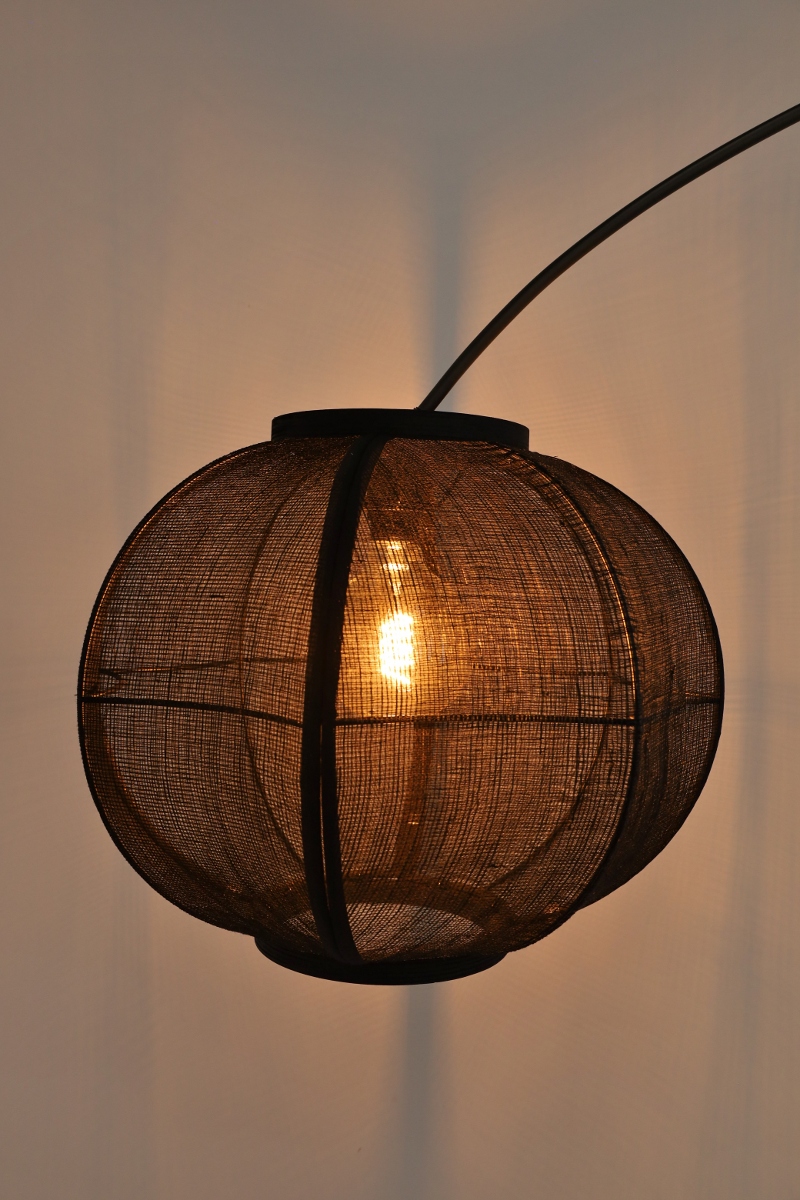 Stijlvolle booglamp MEANDER inclusief kap FABRIC | Anodic brown / Zwart