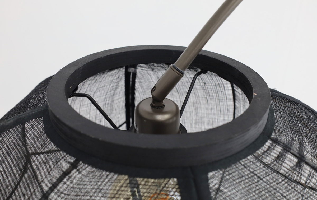 Stijlvolle booglamp MEANDER inclusief kap FABRIC | Anodic brown / Zwart