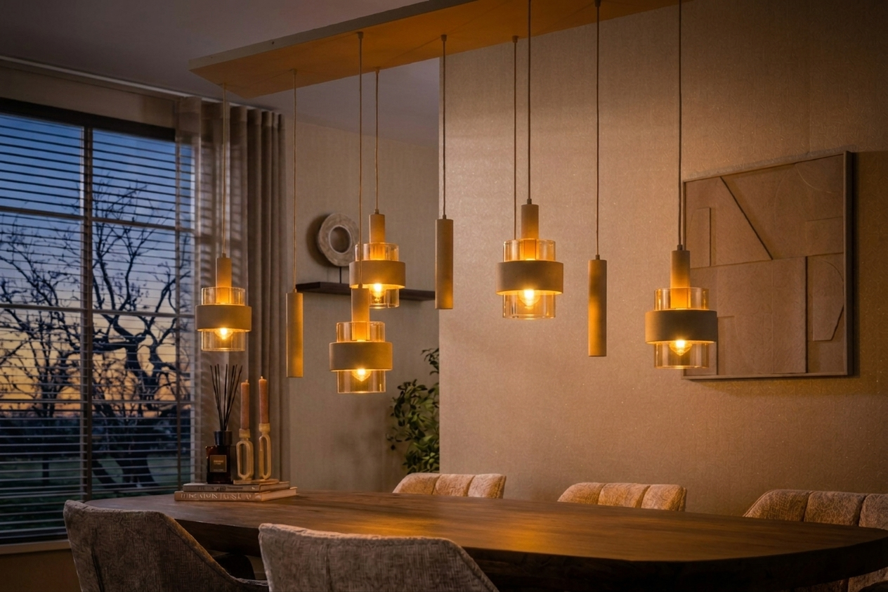 Sfeervolle hanglamp MARRONE 7-lichts recht | Zand / Amber