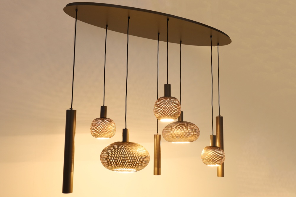 Hanglamp BAMBOO ovaal 140 x 50 cm 8-lichts brushed brown copper | Compleet