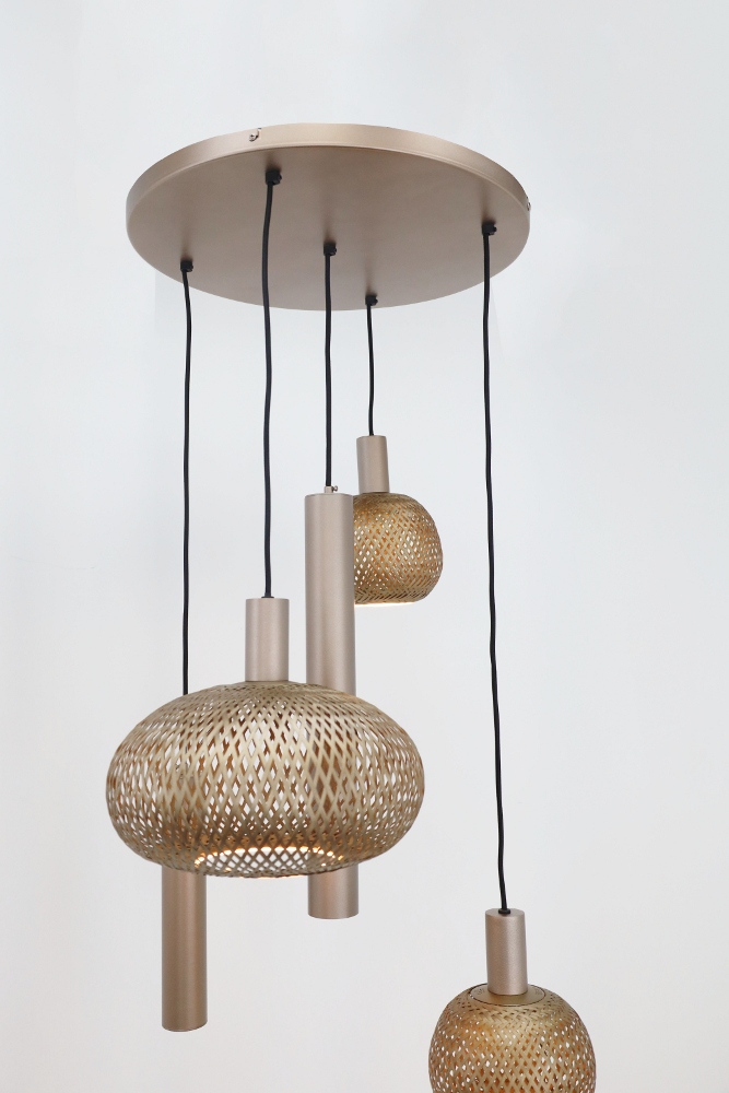 Hanglamp BAMBOO rond 50 cm 5-lichts champagne / brons | Compleet