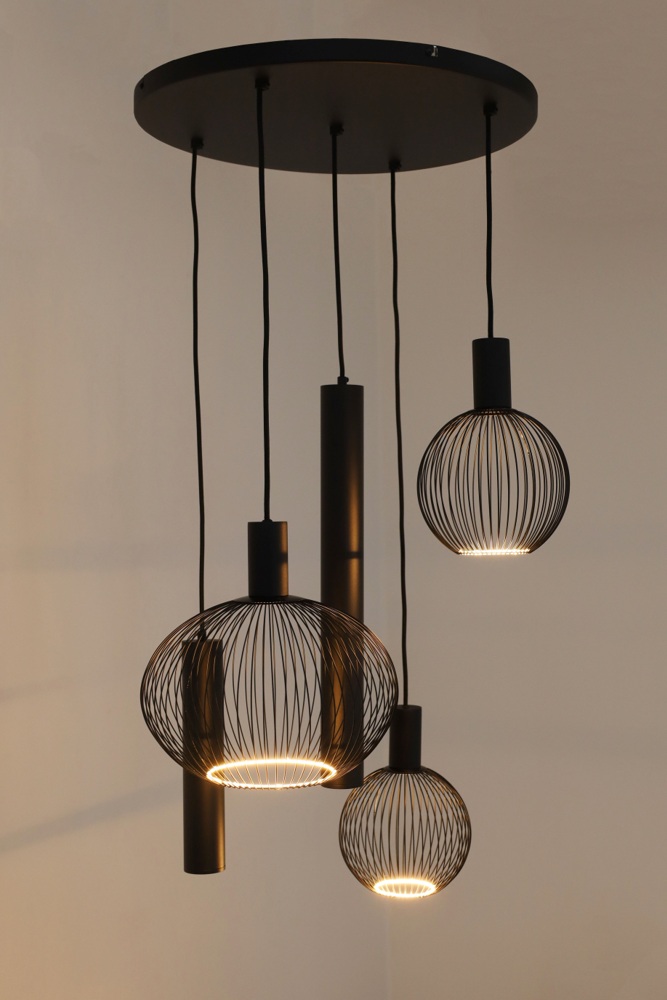 Hanglamp FILO rond 50 cm 5-lichts zwart | Compleet