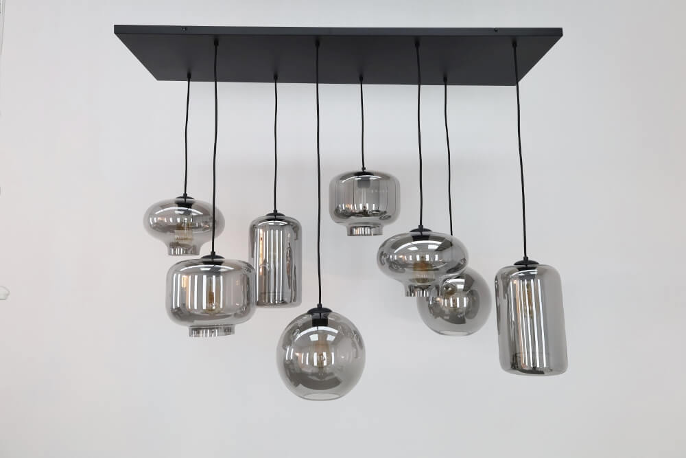 8-lichts hanglamp EEFF smoke zwart | Brede balk 130 x 35 cm