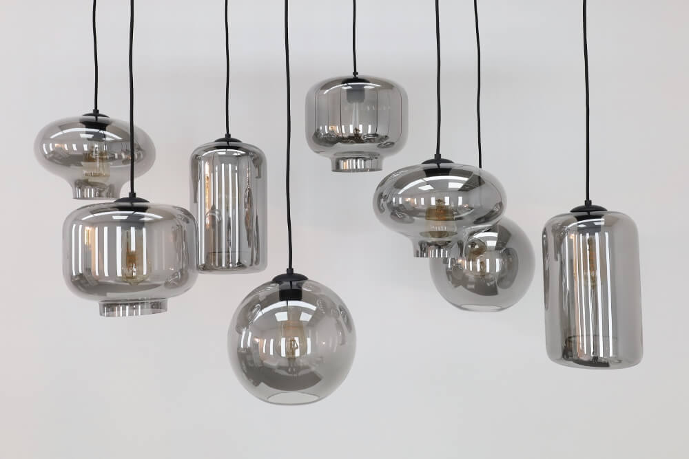 8-lichts hanglamp EEFF smoke zwart | Brede balk 130 x 35 cm