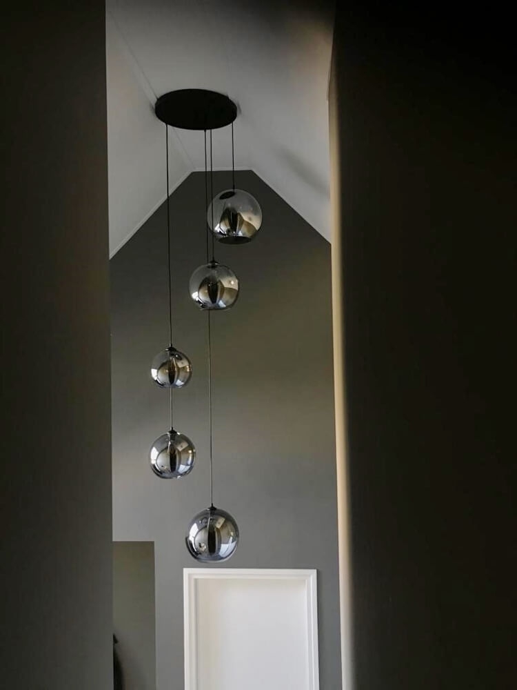 5-lichts hanglamp BALLOON metallic smoke zwart | Ronde plafondplaat 45 cm