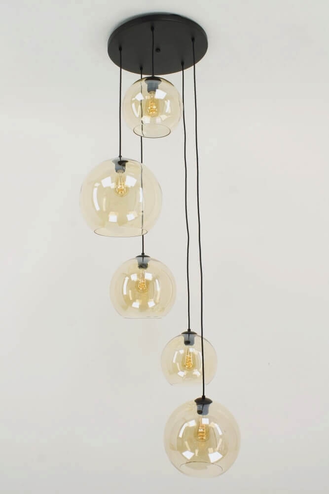 5-lichts hanglamp BALLOON goudkleurig glas | Ronde plafondplaat 45 cm