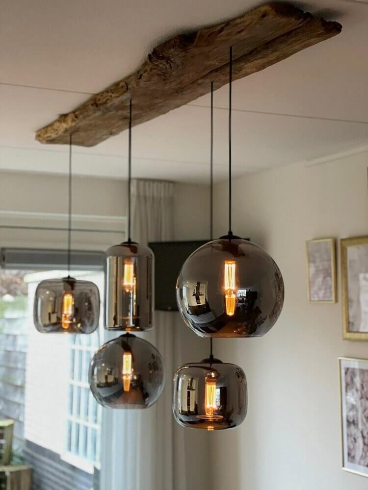 5-lichts hanglamp BY EEFFY II metallic smoke zwart | Brede balk 130 cm