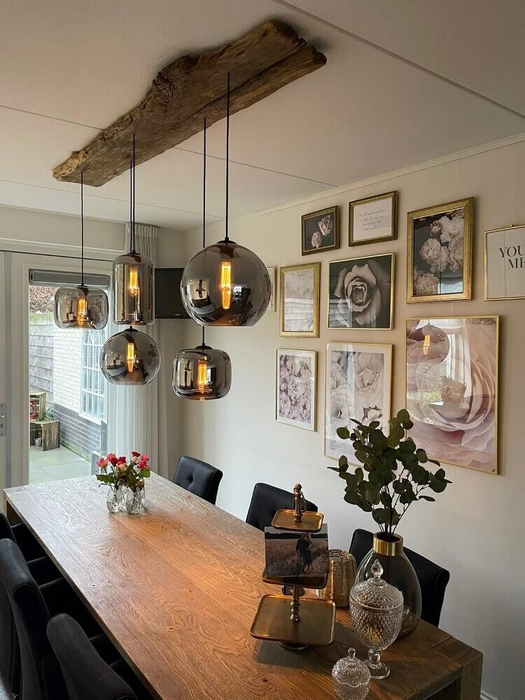 8-lichts hanglamp BY EEFFY metallic smoke zwart | Brede balk 160 cm
