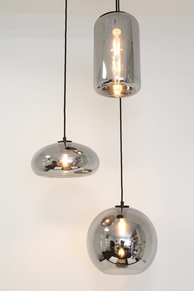 3-lichts hanglamp BY EEFFY II metallic smoke zwart | Ronde plafondplaat 35 cm