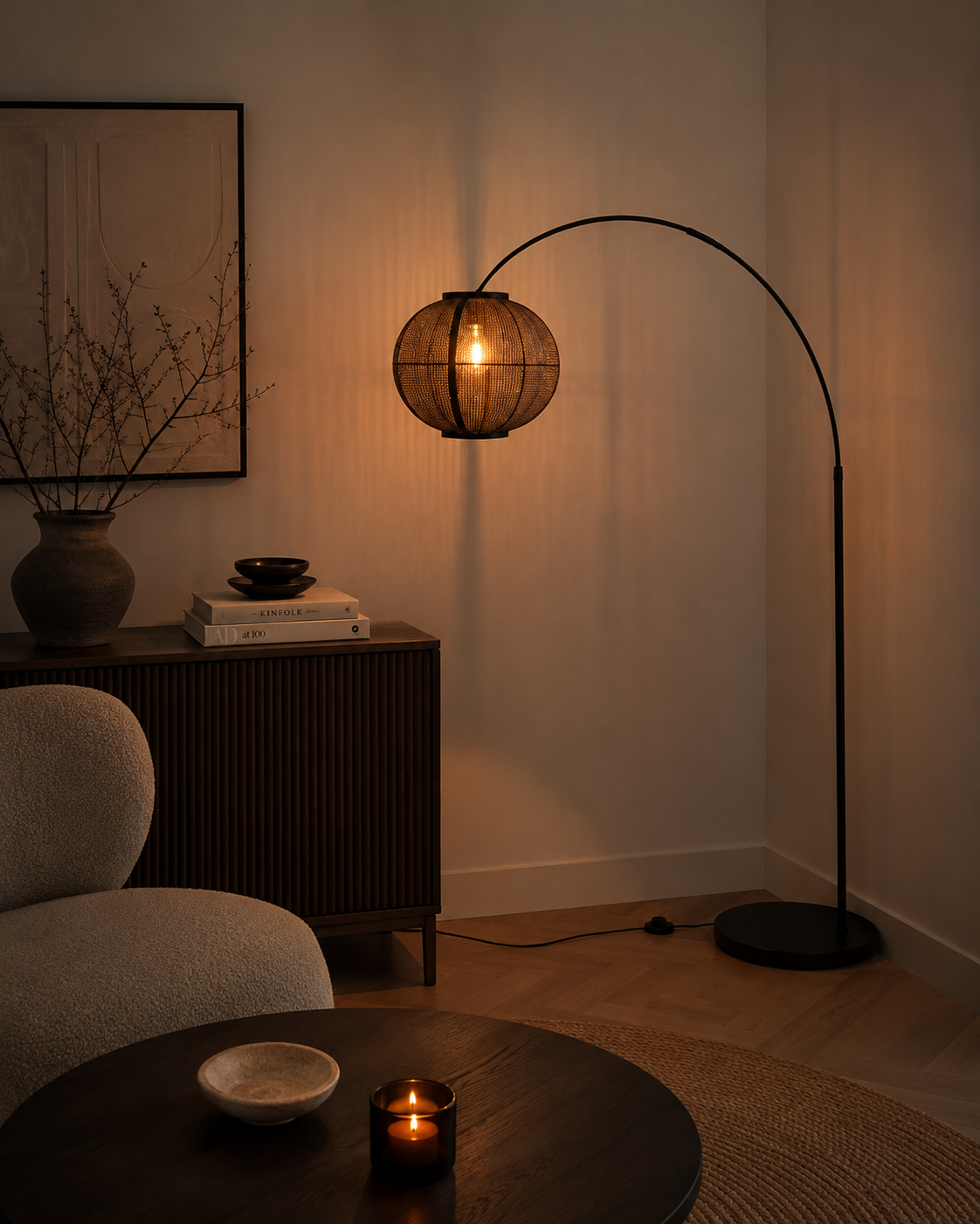 Stijlvolle booglamp MEANDER inclusief kap FABRIC | Anodic brown / Zwart