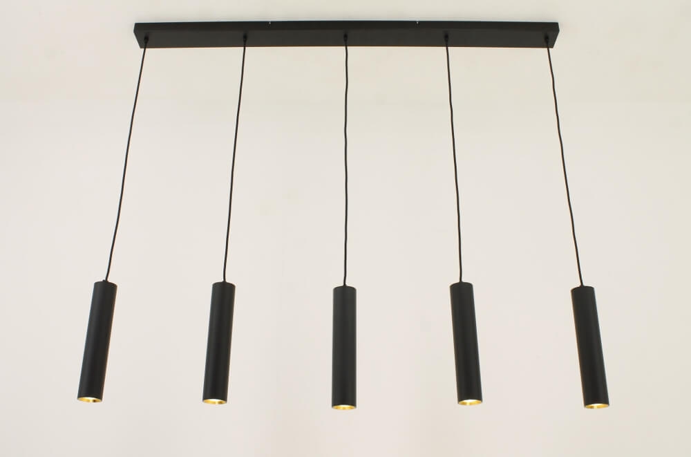 Minimalistische koker hanglamp RUNNY 5-lichts 130x8 cm | Zwart / Goud